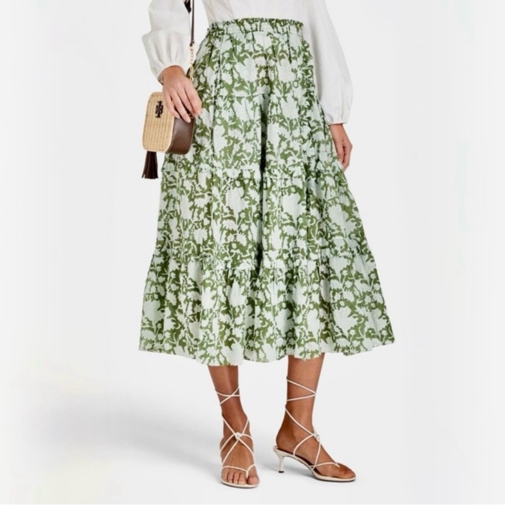 Maje Jitale Floral Ruffled Midi Skirt In Green, Size EU 36/US 4